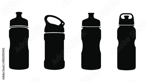 Four black silhouettes of different water bottles on a white background