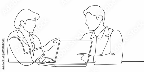 Two people discussing work over a laptop in a continuous line drawing
