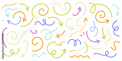 Colorful hand drawn swirls and arrows on a white background