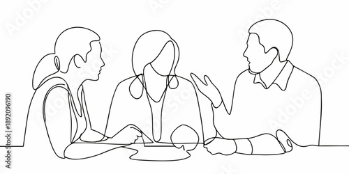Continuous line drawing of four people in a meeting or discussion