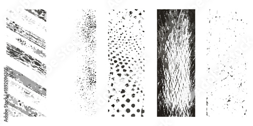 Abstract black and white textured brushstroke patterns on a white background