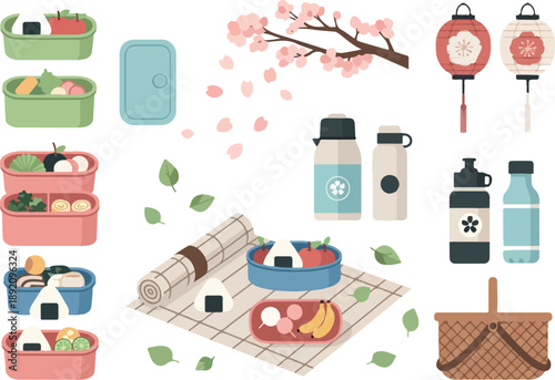 Japanese picnic set with bento boxes, cherry blossoms, lanterns, and thermos bottles, perfect for outdoor dining and travel