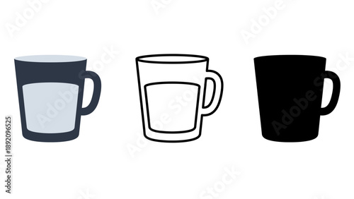 Three different coffee mugs on a white background in various styles