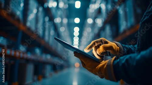 Warehouse Worker Using Digital Tablet for Inventory Management and Logistics.
