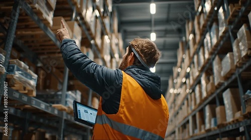 Warehouse Worker Using Tablet for Inventory Management and Stock Checking in Modern Logistics Center.