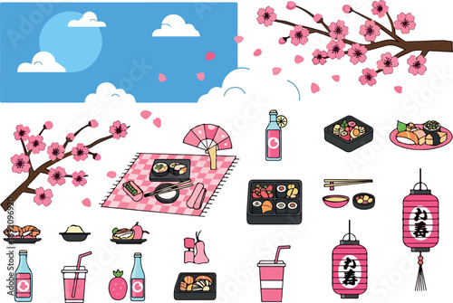 Enjoying a delightful picnic with Japanese food and drinks amidst blooming cherry blossoms and traditional lanterns
