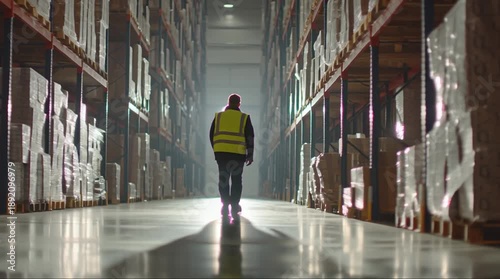 Worker in high-visibility vest walks through a large, dimly lit warehouse aisle with tall shelves.