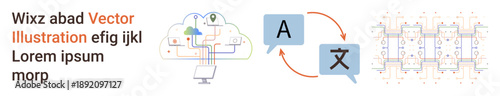 Language translation, technology, cloud computing, artificial intelligence, neural networks, data connections. Two speech bubbles with text icons, interconnected networks. Language translation