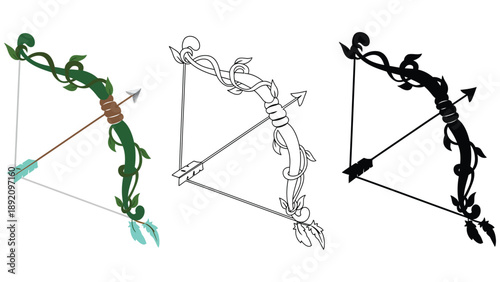 An illustration of a bow and arrow in three different colors and styles