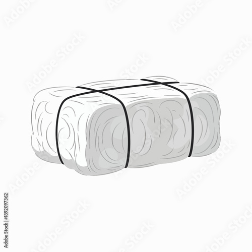 Compressed bale of fluffy white material bound securely with black straps for compact storage and transport