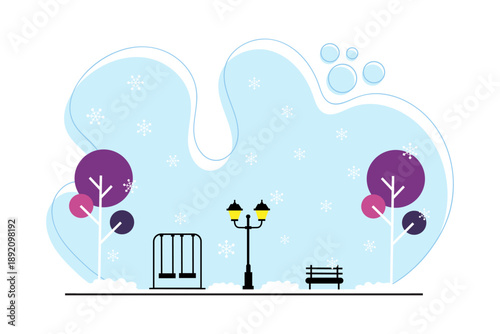 Flat vector illustration of a winter city park playground with swings, benches, street lamps, and colorful trees covered in snow.
