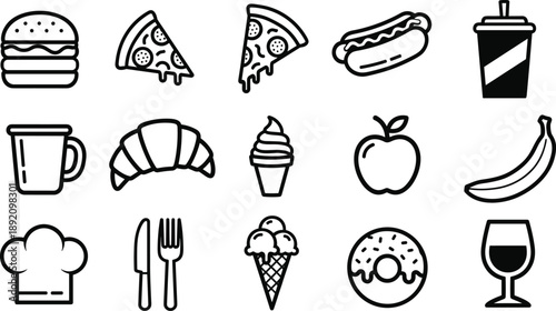 Food and drink icon set including burger, pizza, hotdog, coffee, croissant, ice cream, fruits, donut, wine glass, simple outline vector