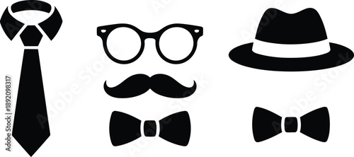 Gentlemans accessories tie glasses mustache bow tie and hat illustration