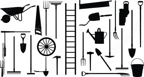 Garden tool silhouette collection, farming equipment icons, hand tools and yard work illustration set, gardening supplies graphic design elements