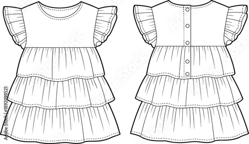 Frilly tiered baby girl dress flat sketch, ruffle sleeves, front and back view, cute kids fashion technical drawing template
