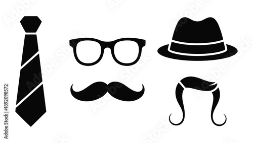 Gentleman accessories silhouette set including necktie glasses hat mustache and hair