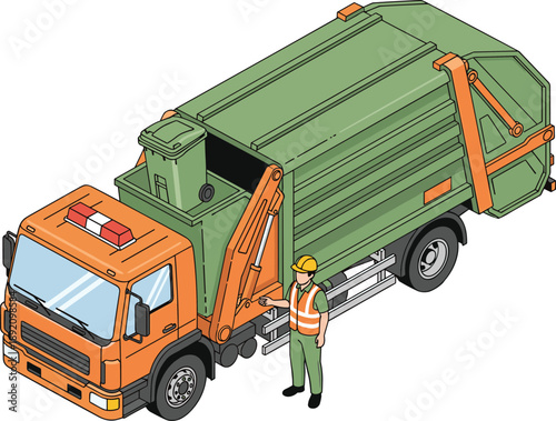 Garbage truck waste collection illustration, sanitation worker and recycling vehicle, municipal cleaning service, isometric vector