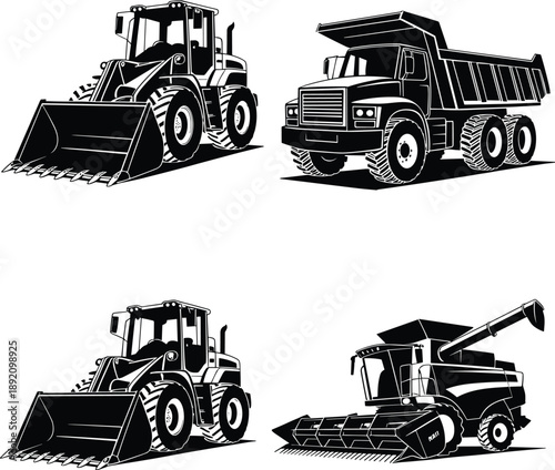 Front loader silhouette, dump truck vector, combine harvester illustration, construction machinery icons, agriculture vehicle design, heavy equipment set, rural industry elements