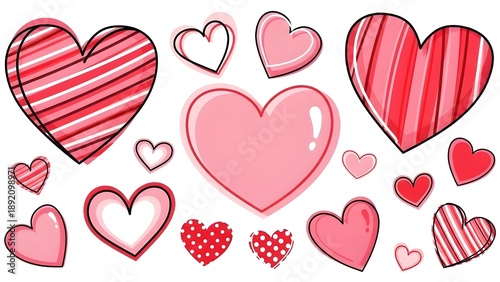 Valentine's day hearts pink red and white striped and polka dotted illustrations