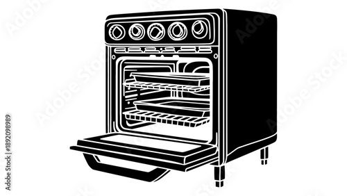 A black and white illustration of an oven with its door open