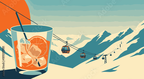 Large cocktail glass with orange slice standing in front of snowy alpine mountains and ski cable cars in a clean retro poster style with textured grain and copy space for winter tourism