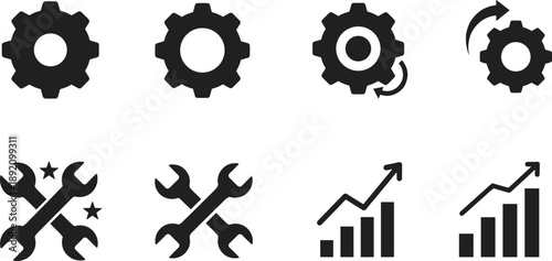 Gear and wrench icons, settings symbols, progress bar graphics, mechanical tools, system optimization icons, black vector, service performance illustration