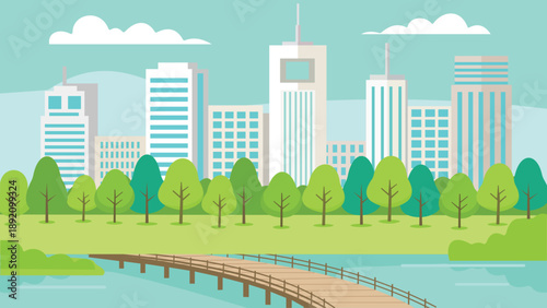 Urban Riverbank With Fresh Greenery