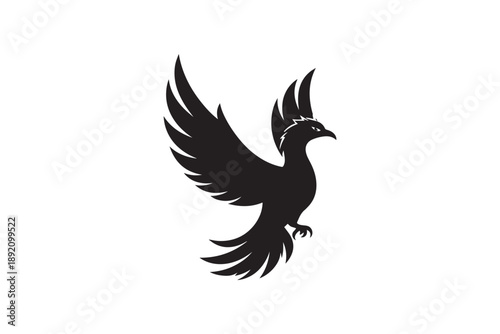 Phoenix bird in black silhouette rising on white background with majestic wings