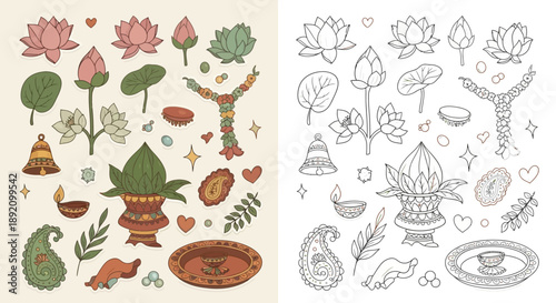 Split layout displaying hand-drawn Indian festival stickers featuring lotus flowers, sacred kalash, and oil lamps in muted earth tones alongside clean black line art for coloring purposes