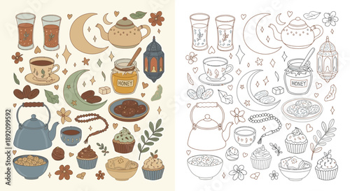 Split-panel vector illustration comparing boho-colored Ramadan icons with black and white coloring outlines, featuring traditional tea sets, dates, ornate lanterns, and prayer beads in flat doodle sty