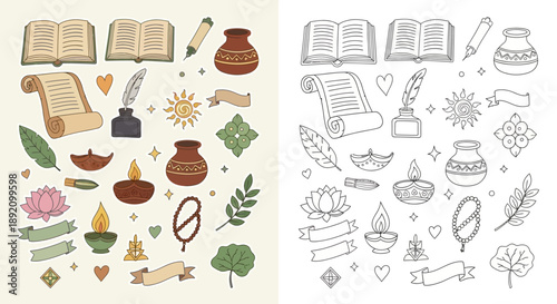A collection of traditional Indian cultural and religious symbols, including books, scrolls, oil lamps, lotus flowers, and writing tools, presented in both colored and outline versions.