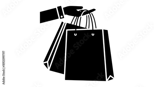 A hand holding shopping bags in a simple black and white illustration
