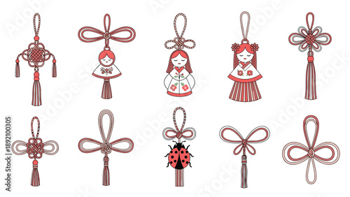 Traditional East Asian decorative knots and charms featuring red and white designs with dolls a ladybug and tassels art.