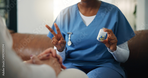 Fotografi Nurse, woman and hands with medicine in nursing home for healthcare prescription, dose or wellness