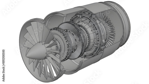 Jet Turbine Engine CAD Cutaway Technical Engineering Illustration Isolated on White Background