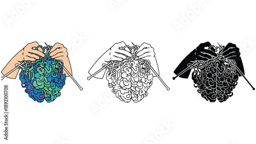 An illustration of hands knitting a colorful brain with yarn and needles in different color schemes