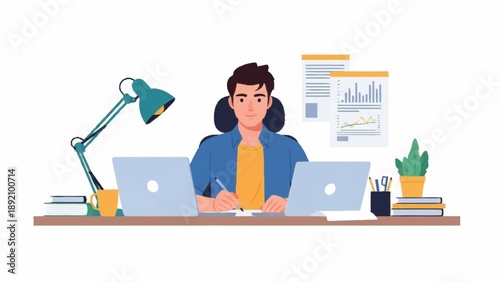 Young man working productively at a home office desk with multiple laptops and documents.