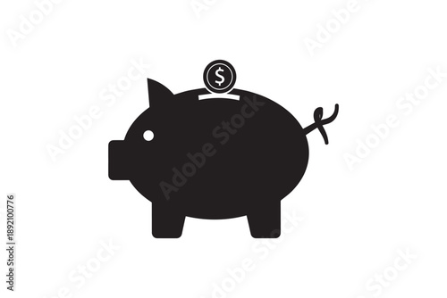 Piggy bank silhouette icon with dollar coin representing savings finance and money management