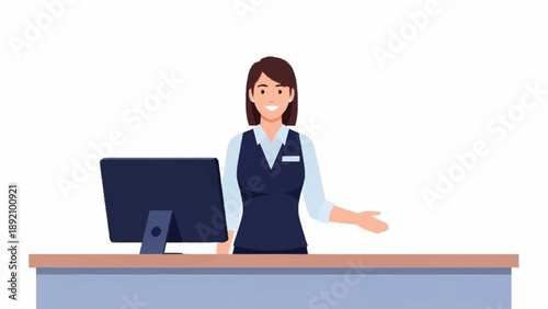 Smiling female customer service representative standing behind a desk with a computer, gesturing welcomingly.