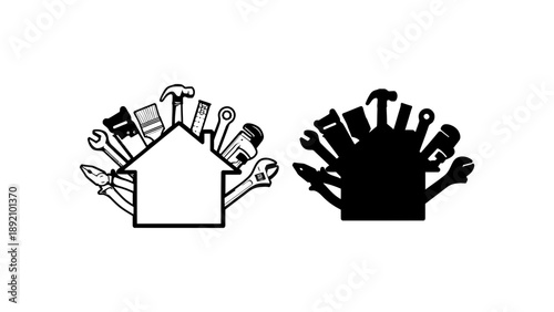 A set of colorful house icons with various tools for home improvement and repair