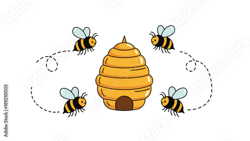 Cartoon illustration of a golden beehive with four busy bees flying in circles for honey production and nature education themes for children.