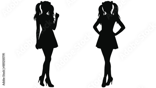 Two black silhouettes of women in short dresses and high heels