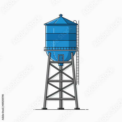 A tall blue water tower stands on a metal support structure with a ladder climbing up the side