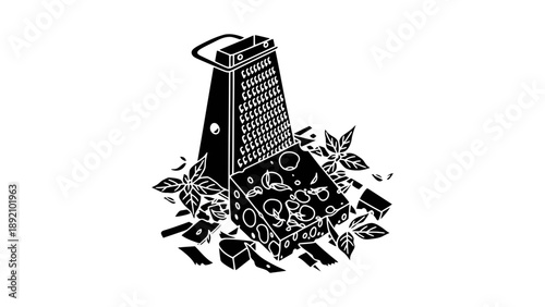 A black and white illustration of a grater with vegetables and leaves