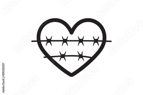Heart with barbed wire silhouette isolated on a white background painful love black icon