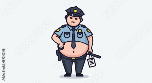 Cartoon Overweight Police Officer Standing Uniformed.