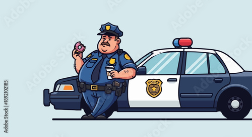 Cartoon Police Officer Enjoying Coffee and Donut Next to Patrol Car.
