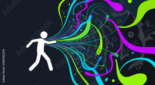 Abstract colorful energy stream emanating from a stylized human figure.