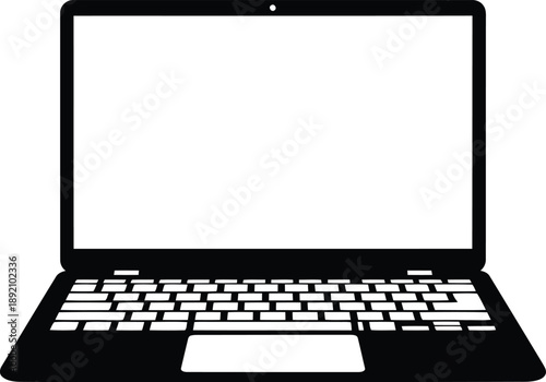 Laptop silhouette icon isolated on checkered background, computer for work and study, modern technology and communication