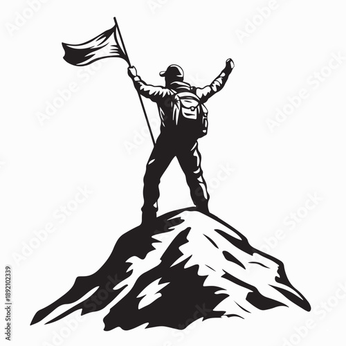 Climber celebrating victory on a mountain top at sunrise with a flag silhouette vector